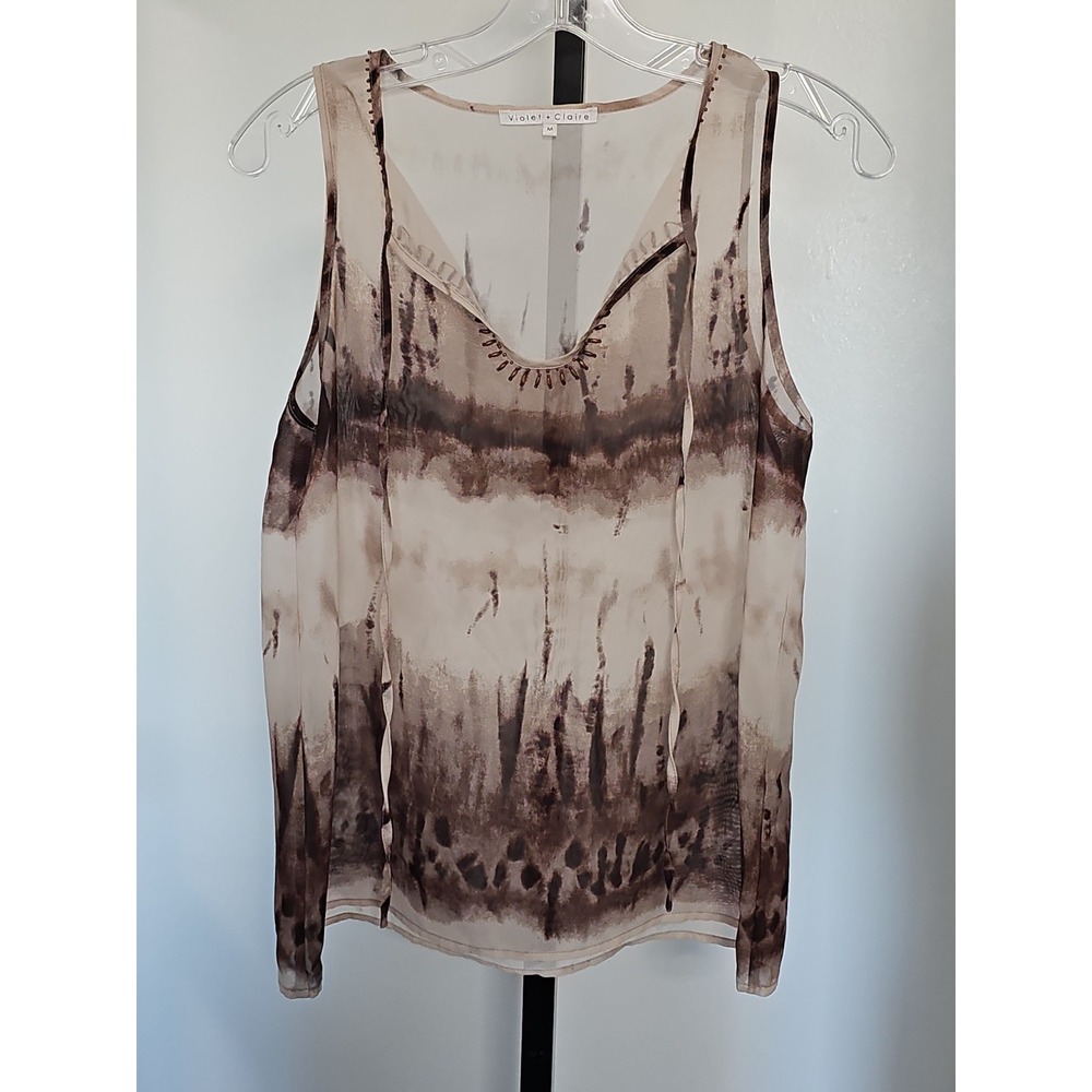 Violet & Claire Womens M Sheer Tie Dye Sleeveless Beaded Tank Top Brown Tan